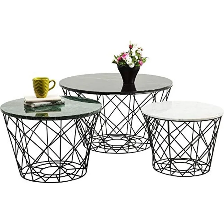 Kare Design East Cost (3/Set), Schwarz/Weiß/Grün, Wohnzimmertisch, Beistelltisch, Stahl Gestell, Marmor Tischplatte, 46 x 80 x 80 cm (H/B/T)