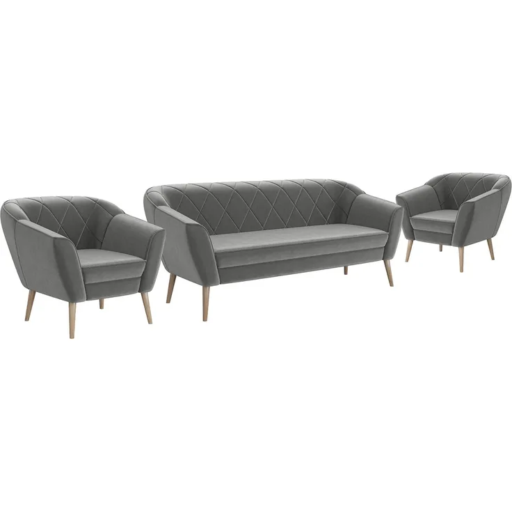 MEBLINI Sofa-Set GISELA 3+1+1 - Hellgrau Samt - für Wohnzimmer - Mini Lounge für fünf Personen - Küchensofa - Sofa Klein - Sitzgarnitur - Polstergarnitur - Sofagarnituren