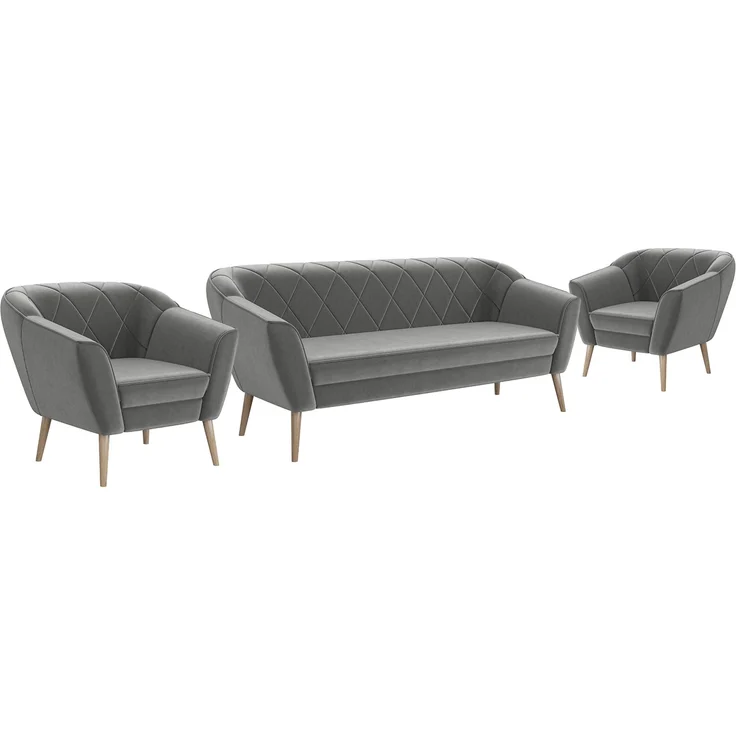 MEBLINI Sofa-Set GISELA 3+1+1 - Hellgrau Samt - für Wohnzimmer - Mini Lounge für fünf Personen - Küchensofa - Sofa Klein - Sitzgarnitur - Polstergarnitur - Sofagarnituren – Bild 1