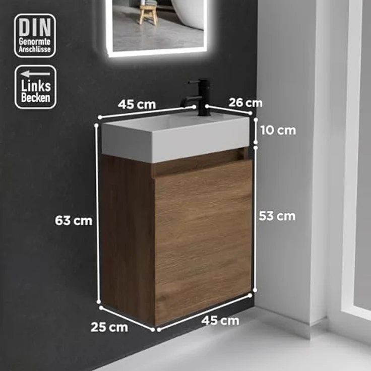 Alpenberger Badmöbel-Set Gäste WC Waschbecken mit Unterschrank - Badschrank Hängend, (2-tlg. Waschtisch Set Eiche, Waschbeckenunterschrank mit Softclose), Waschplätze für Kleine Bäder - Badschrank Hängend und Vormontiert – Bild 7