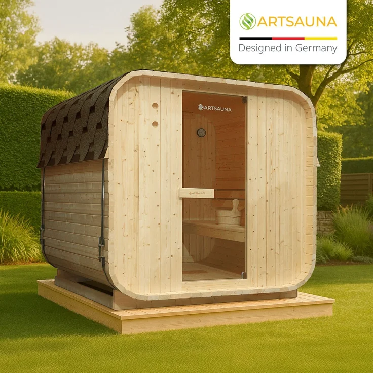 Artsauna Fasssauna Nolvik L, Outdoor-Sauna aus Fichtenholz, 6 kW Ofen, LED, Komplettset mit Sanduhr, Eimer & Thermometer, winterfest, Cube Design – Bild 7