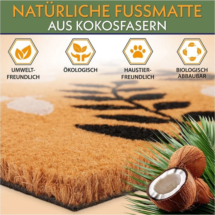 BRUBAKER Fußmatte Blumen und Pflanzen - 45 x 75 cm Schmutzfangmatte - Kokos Fußabtreter, Rechteckig, Höhe: 16 mm, Antirutsch Türmatte für Außen und Innen - Wetterfest und Rutschfest – Bild 3
