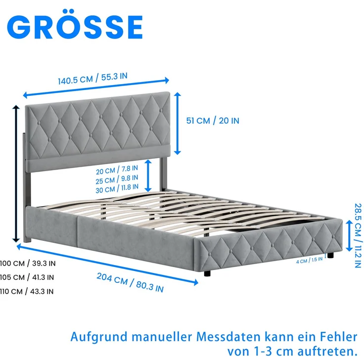 Polsterbett aus Kunstleder mit Aufbewahrungsbox & Lattenrost, ohne Matratze, 140x200 cm, Grau – Bild 6