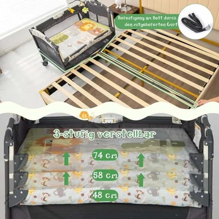 FANTASK 4 in 1 klappbares Reisebett 15 kg belastbar, Beistellbett mit Tragetasch, 2 Ebenen Babybett höhenverstellbar, Matratze & Spieluhr, Wickeltisch & Laufstall, Mobile Stubenwagen – Bild 5