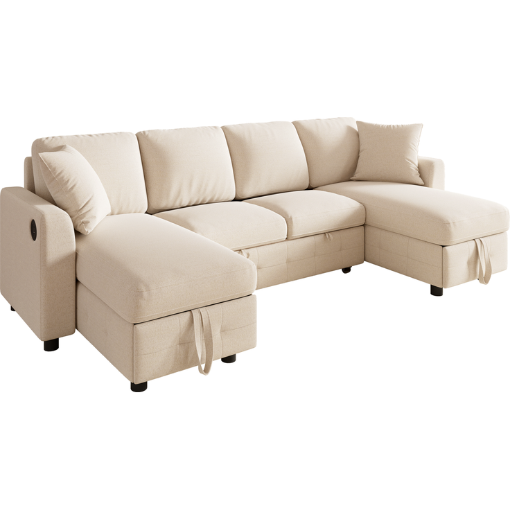 Merax U-Form Chenille Sofa mit Schlaffunktion, Schlafsofa mit 2 Stauraum-Chaiselongues, ausziehbares Schlafsofa mit 1× USB & 1× Type-C Ladeanschluss, mit 2 Kissen, Beige, 260×128×82 cm – Bild 10