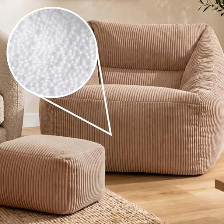 Icon Natalia Sitzsack Sessel mit Hocker für Erwachsene, Mokkabraun, Flauschiger Cord Stoff, Riesen Sitzsack Cord mit Füllung, Bean Bag Chair, Bequemer Sessel Wohnzimmer, Lounge, Schlafzimmer, Büro – Bild 6