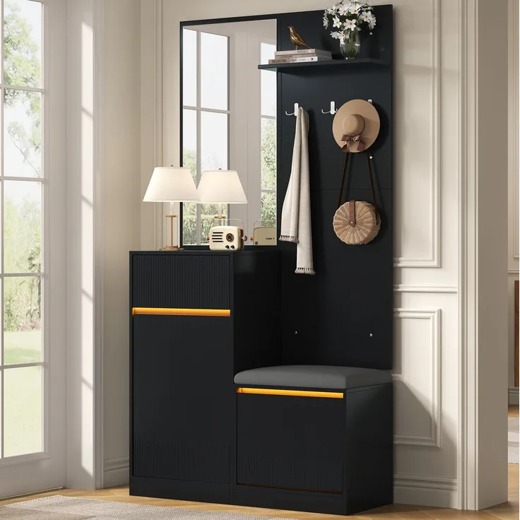 Kompaktgarderobe 105 x 38 x 190 cm in Schwarz mit Spiegel, Sitzbank und LED-Beleuchtung