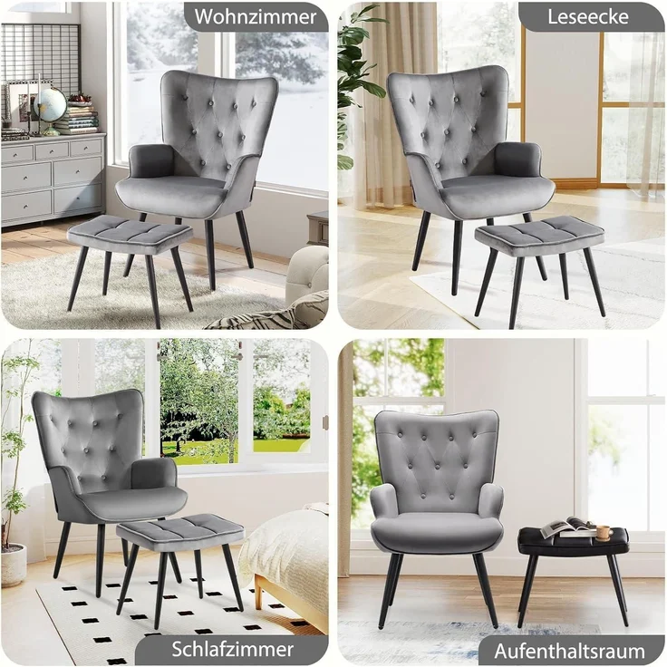 Sessel Ohrensessel Samt Relaxsessel Fußstütze mit Hocker Grau – Bild 4