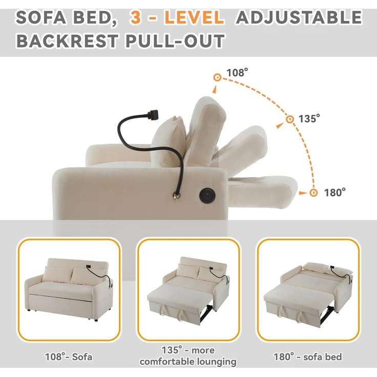 ZUBALIYA Schlafsofa 163x81 cm, mit USB - Anschluss, mit Ausziehbett, mit Chenille - Bezug, mit Samtbezug, mit Schaumstoffpolsterung, Weiß – Bild 12