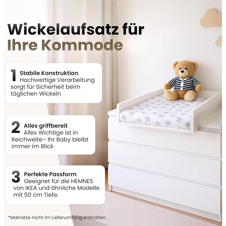 regalik Wickelaufsatz für Hemnes 500 IKEA 72x50 cm - Abnehmbar Wickeltischaufsatz für Kommode in Weiß - Abgeschlossen mit ABS Material 1mm – Bild 3