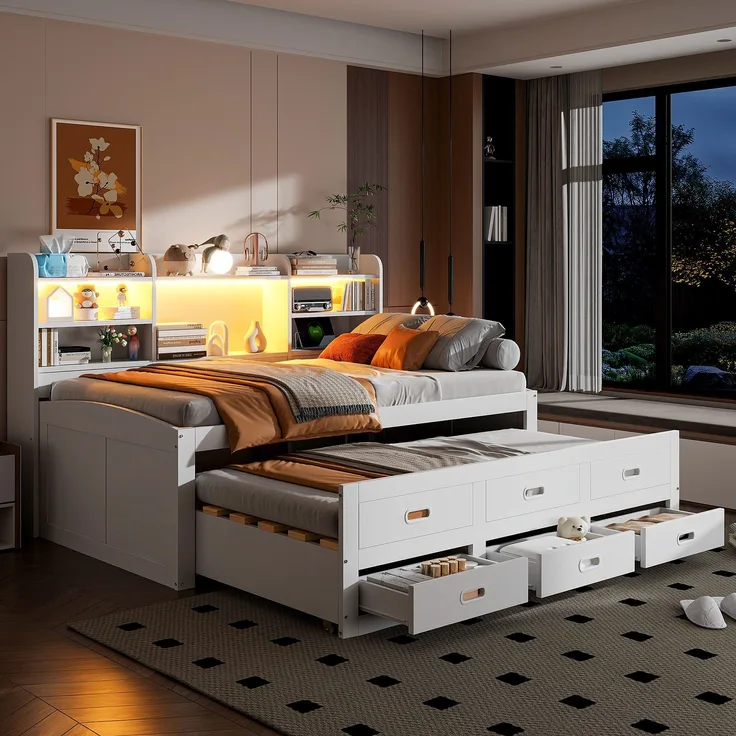 Stauraumbett mit Lattenrost, Schubladen und Gästebett (90x200 cm), Einzelbett, Kinderbett, Holzbett, Kiefer