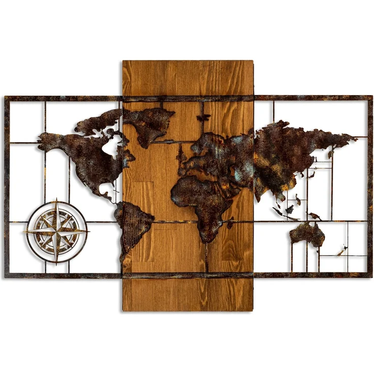 Wallity 'World Map With Compass 5' Dekoratives Wandaccessoire aus Holz, Walnuss / Braun, 85 x 58 cm – Bild 7