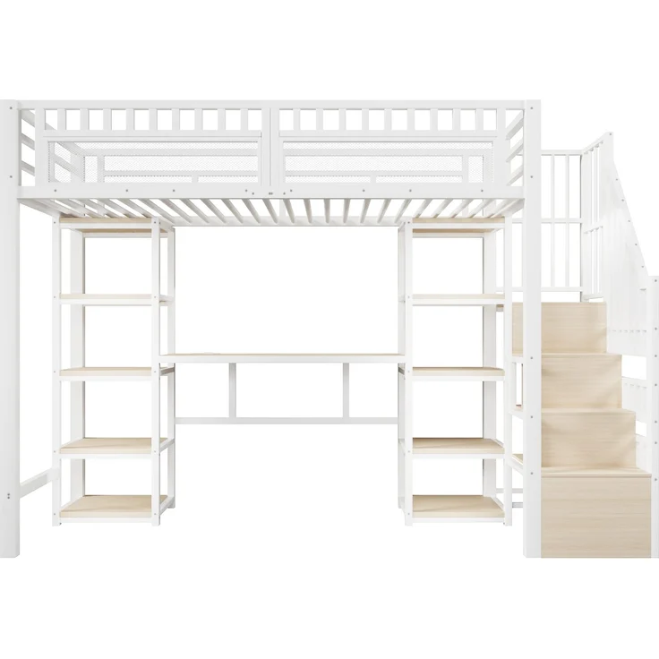 Hochbett 90 x 200 cm mit Eisenrahmen, Ablagefach, Leiter mit Stauraum, Schreibtisch, LED-Lichtleiste, USB-Anschluss, ohne Matratze, Weiß – Bild 10