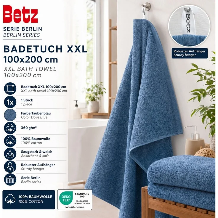 Betz Badetuch Berlin Größe 100 x 200 cm Saunatuch & Strandtuch 360 g/m², 100% Baumwolle (1 Stück, 1-St), saugstark & weich – großes Handtuch mit Aufhänger – Serie Berlin – Bild 2