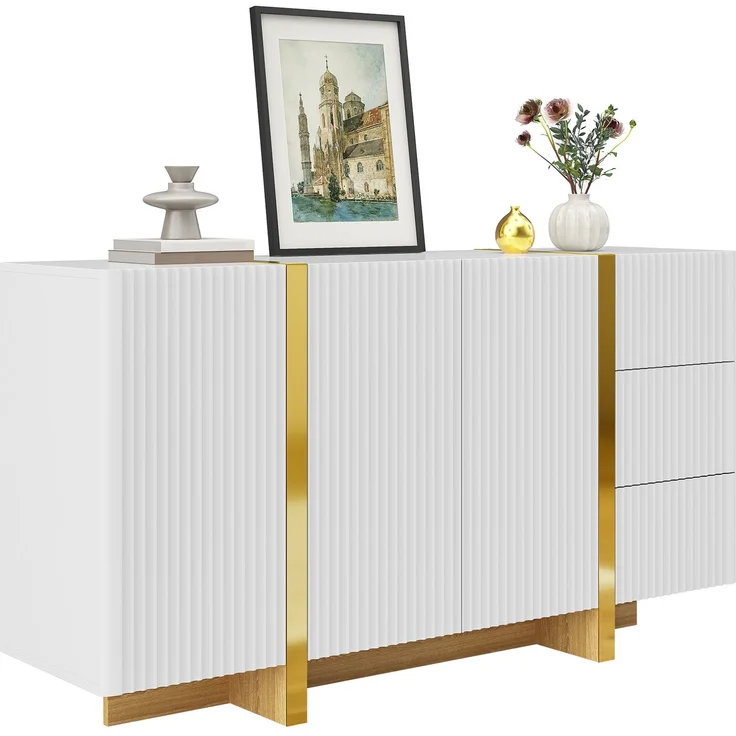 DESVIAE Sideboard Weiß aus MDF/Spanplatte – 140x75x36 cm – 3 Türen, 3 Schubladen – Bild 7
