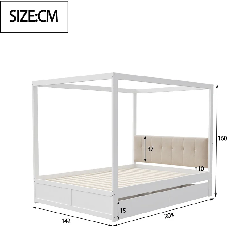 Zeltbett 140×200 cm mit gepolsterter Rückenlehne und 2 Schubladen –Weiß,Holz/Metall – Bild 10