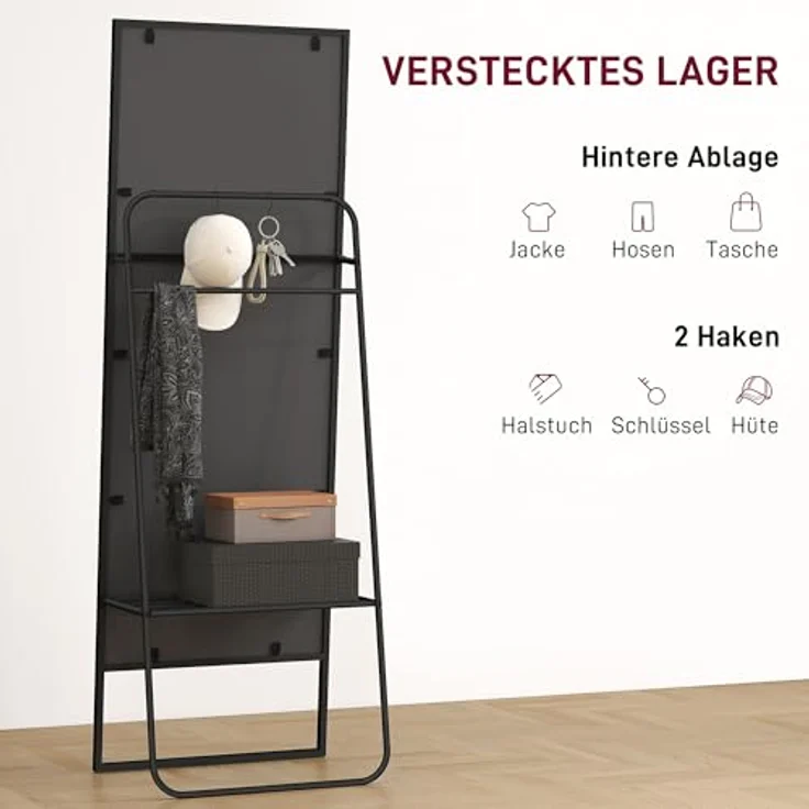 HOMCOM Ganzkörperspiegel 157 x 50 cm, Rechteckiger Standspiegel mit Regal und 2 Haken, Metallrahmen in Schwarz, ideal für Schlafzimmer, Wohnzimmer und Flur – Bild 4