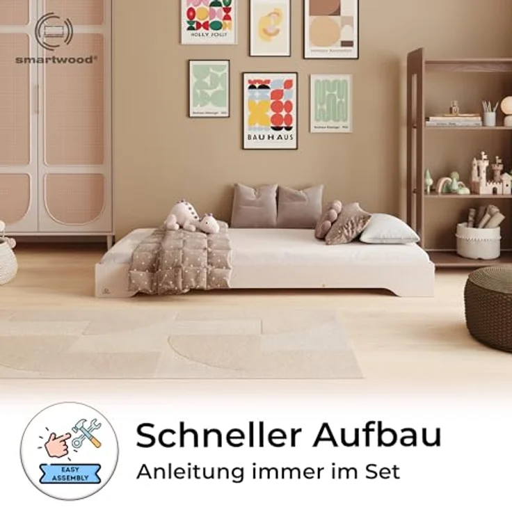 smartwood Kinderbett 140x200 Kaschmir - Bodenbett aus Kiefernholz mit FSC-Zertifikat - Montessori Bett mit geradem Lattenrost bis zu 300 kg für Jungen und Mädchen - Einfache Montage - TILA 7 – Bild 4