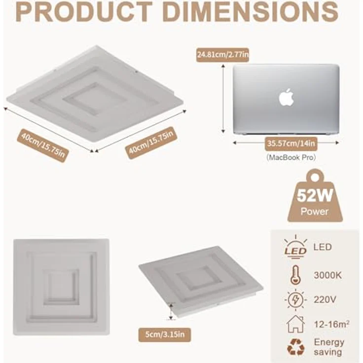 Comely LED Deckenleuchte Quadrat, Moderne Deckenlampe 52W Quadratisch LED Acryl LED Deckenbeleuchtung, LED Lampen Weiß für Schlafzimmer, Wohnzimmer, Flur, Warmes Licht 3000K, 40cm – Bild 11