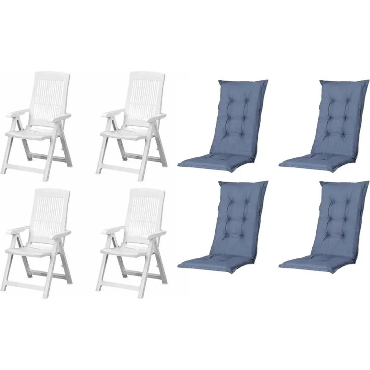 SET Tampa 4 x Klappsessel weiß, 4 x Auflage kobalt