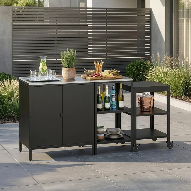 Outdoorset Bolognano Standregal Schrank und Servierwagen Schwarz, matt [casa. pro]