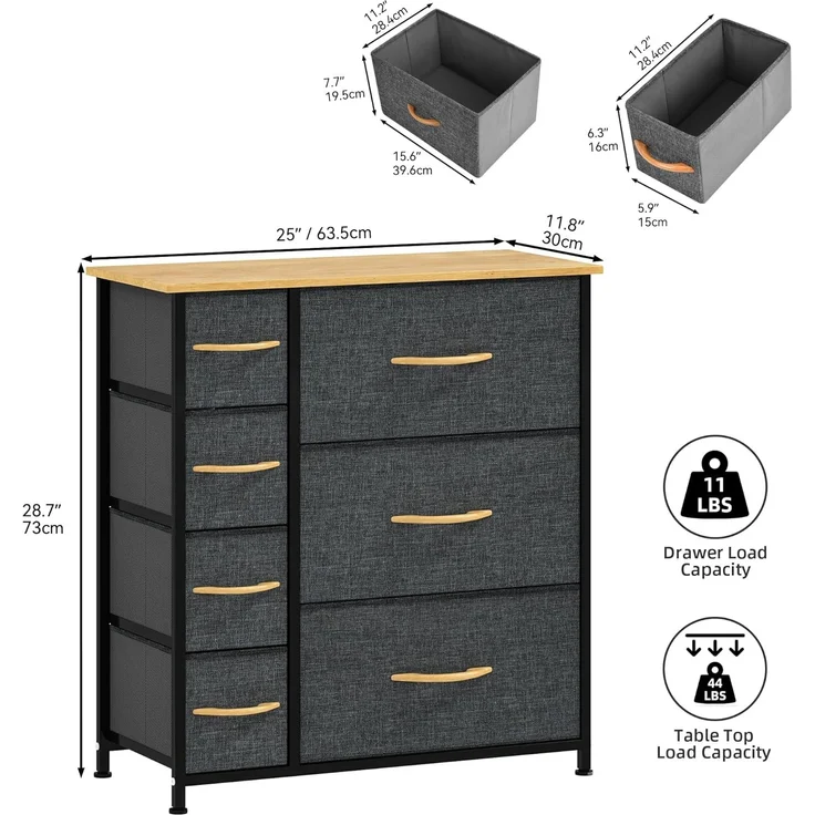DWVO Kommode mit 7 Schubladen, Schrank aus Stoff mit Griffen, Metallgestell & MDF-Holzplatte, langlebig, für Schlafzimmer & Wohnzimmer,dunkelgrau – Bild 3