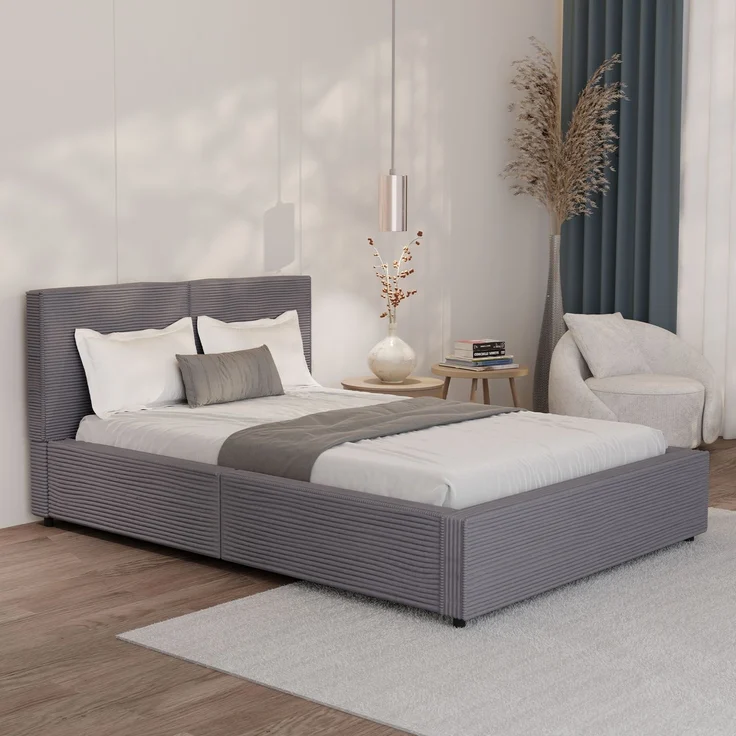 Juskys Polsterbett Salerno 140 x 200 cm – Cord Grau, modernes Bett mit Kopf- & Fußteil, stabilem Holz- & Metallrahmen, Lattenrost, 500 kg Tragkraft – Bild 1