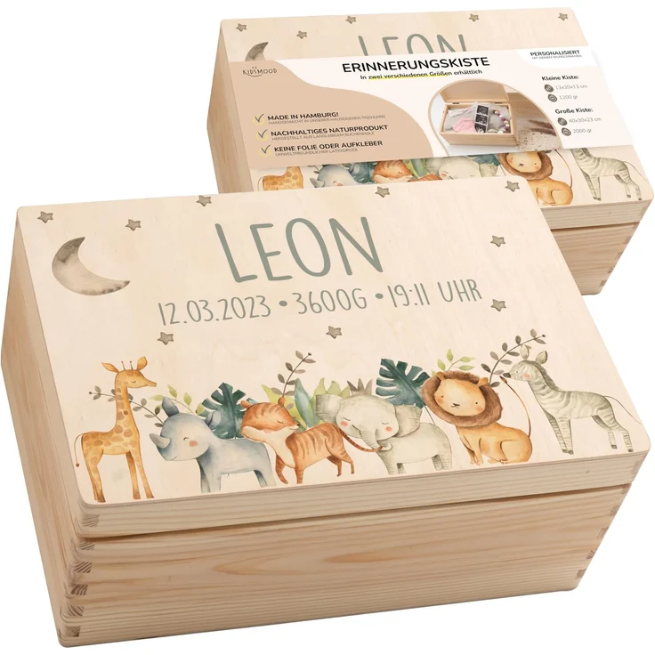 KIDSMOOD - Erinnerungsbox Baby, personalisierte Holzkiste mit Deckel, Ideal zur Aufbewahrung von Erinnerungen und als Geschenk zur Geburt, Taufe oder als Geburtstagsgeschenk für Mädchen und Jungen