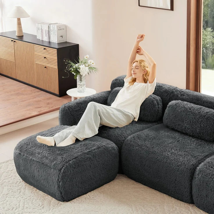 Modulares Sofa aus Plüsch mit rutschfester Basis & Kissen, grau – Bild 3