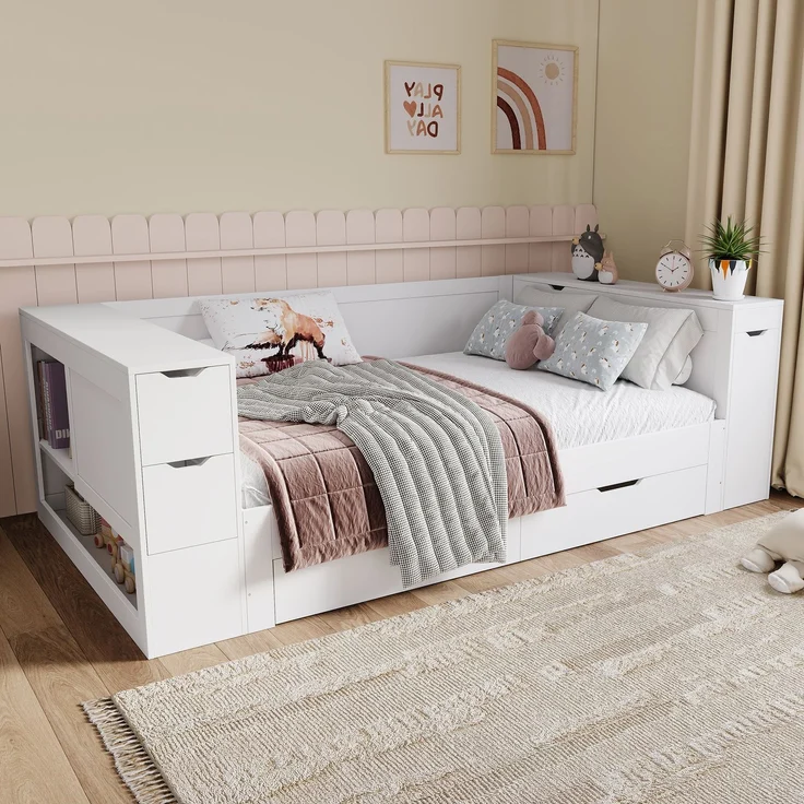 Kinderbett,Daybed, 90 x 200 cm, Einzelbett, multifunktionales Kinderbett mit Schubladen, Regalen und Stauraum, mit nachttisch,mit Stauraum, ohne Matratze, weiß – Bild 4