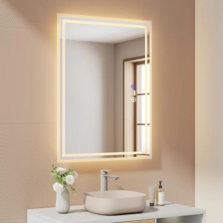 EMKE Badezimmerspiegel mit LED-Licht, 80 x 60 cm, Badezimmerspiegel mit Bewegungssensor, Beschlagschutz, 3 dimmbare Lichtfarben, automatische Abschaltung nach 1 Stunde, IP44, LED-Badspiegel – Bild 2