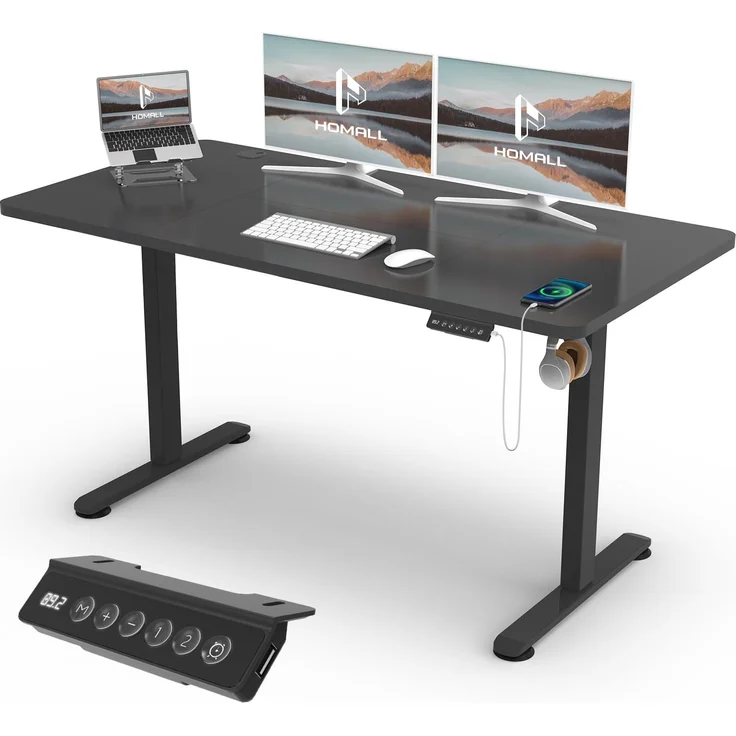 Homall Höhenverstellbarer Schreibtisch 140x60cm mit USB-Anschluss,Schwarz | Höhe verstellbar 73-118 cm, Memory-Funktion mit 2 Höhen,1 Haken, Bürotisch