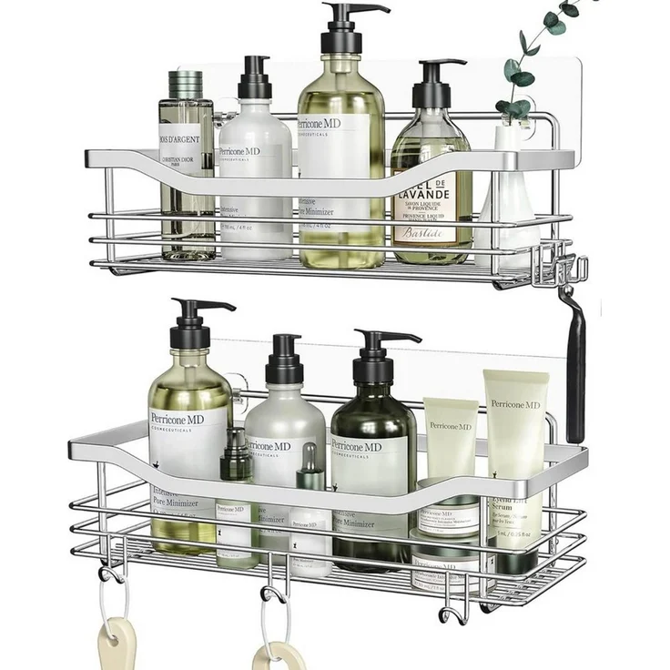 SURFOU Duschregal Duschablage Set ohne Bohren, Edelstahl Regal für Bad und Küche, Duschablage ohne Bohren 2 Stück set, mit 5 haken, zur Aufbewahrung von Shampoo, Duschgel, Handtüchern, Toilettenartikeln und Reinigungsmitteln, Rostfreier Wand-Duschregal – Bild 5