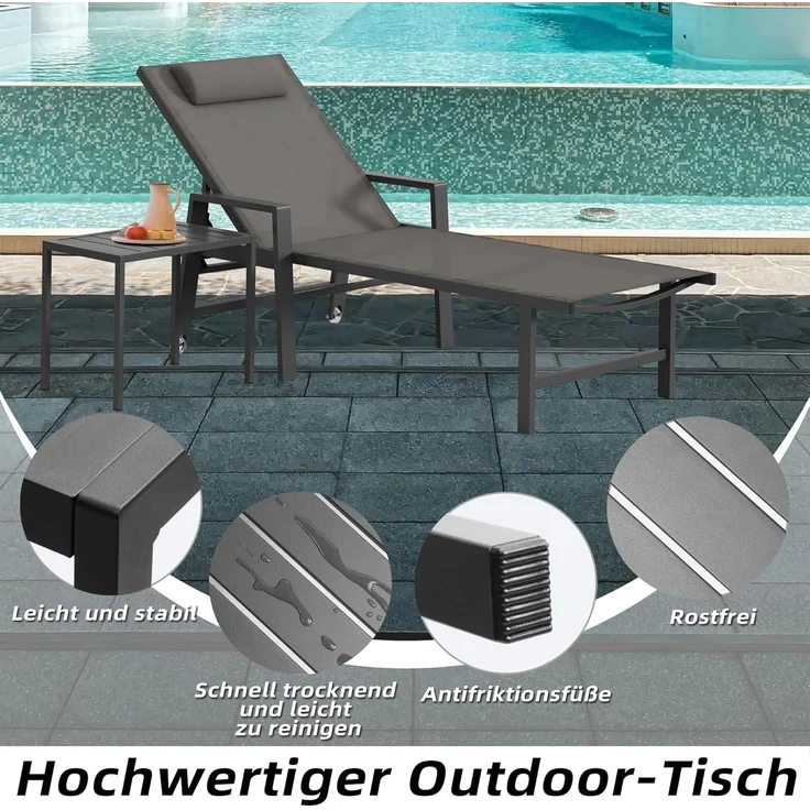 Mucola 1x Sonnenliege und Gartentisch Aluminium Gartenliege 200KG & Rollen wetterfest Teslin Klappliege Camping Terrassentisch – Bild 3