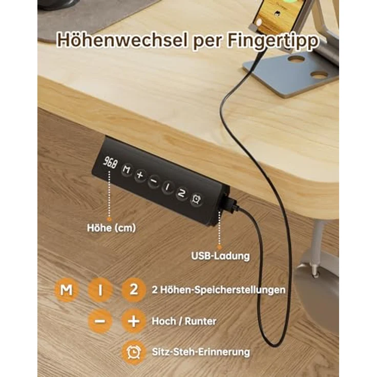JUMMICO Höhenverstellbarer Elektrischer Schreibtisch 180x80 cm mit USB Ladeanschluss, Schreibtisch Höhenverstellbar, Ergonomischer Steh-Sitz Tisch Beige – Bild 5