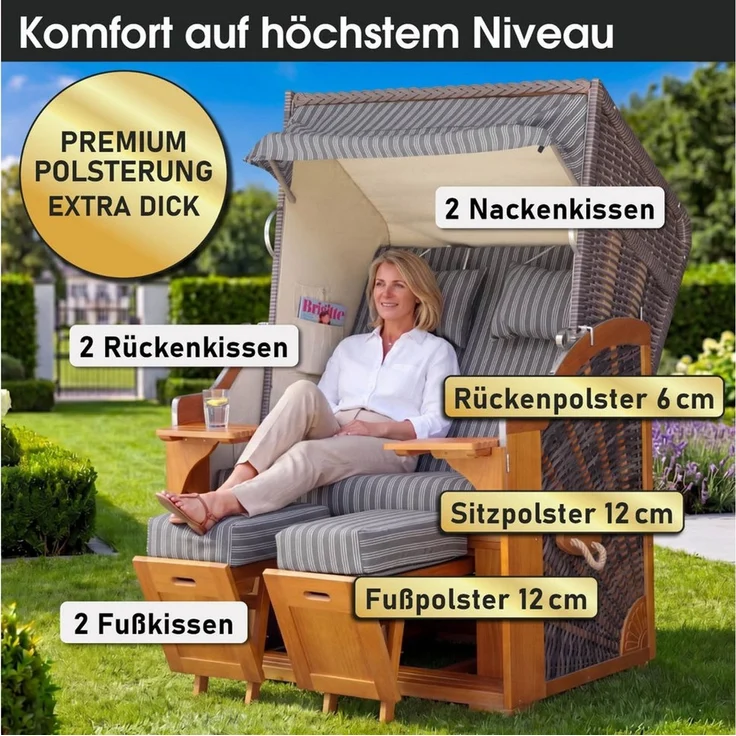BRAST Strandkorb BRAST Strandkorb Bornholm Premium, 123cm Breite, 3 Designs, Volllieger, Bornholm, (Pinien Vollholz, UV-beständig), inkl. Premium-Schutzhaube – Bild 3