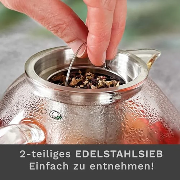Creano Teekanne Creano Teekanne aus Glas 1,3l, 3-Teilige Glasteekanne mit Integriertem, (1er-Set, 2-St), tropffrei – Bild 6