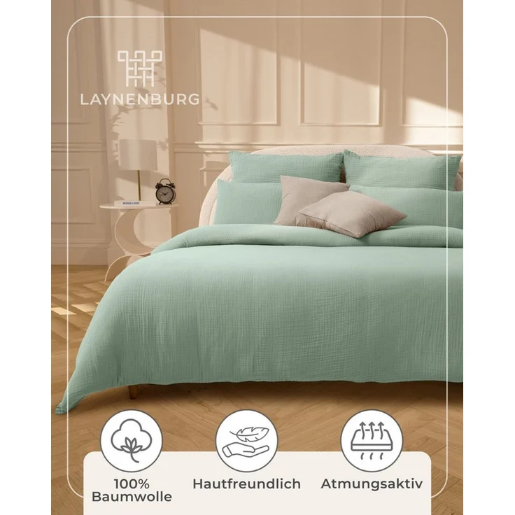 Laynenburg Bettwäsche Musselin aus 100% Baumwolle in 135x200 oder 155x220 cm, atmungsaktiv & bügelfrei – 2 lagig mit Reißverschluss & Haltebändern – Bild 4