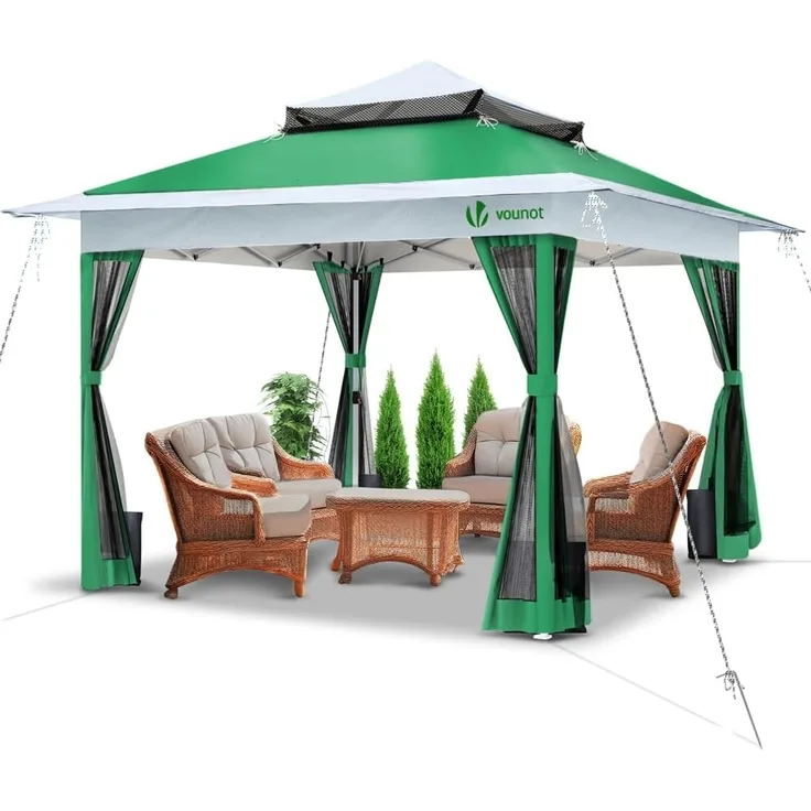 VOUNOT Pavillon Faltbar 3,6x3,6 m, Pop Up Partyzelt mit Mesh Sides & Doppeldach, Faltpavillon Stabil mit Bein Gewichte & Roller Bag, Gartenpavillon Gartenzelt Grün