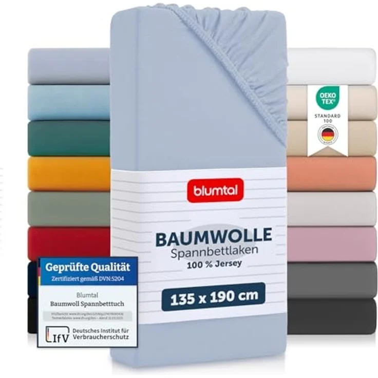 Blumtal® Baumwolle Spannbettlaken 135x190cm Basics Jersey im 2er Set - Bettlaken 135x190cm - Oeko-TEX zertifiziertes Spannbetttuch 135x190cm - Matratzenbezug 135x190cm - Leintuch - Hellblau – Bild 1
