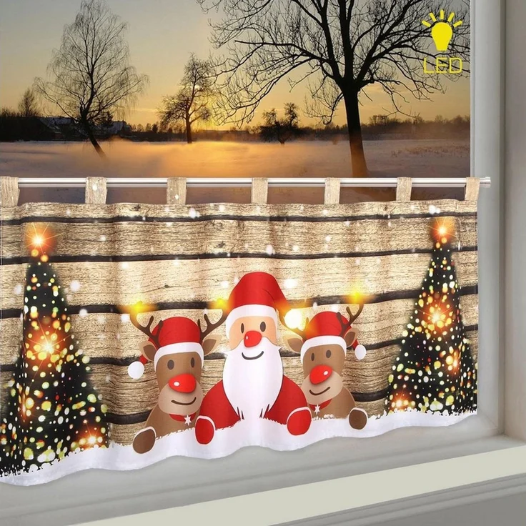 Delindo Lifestyle Scheibengardine WEIHNACHTS-TEAM, 1 Stück, Schlaufen, blickdicht, LED-Beleuchtung (1 St), Schlaufen, blickdicht, Microfaser, HxB: 45x120, mit LED-Beleuchtung – Bild 2