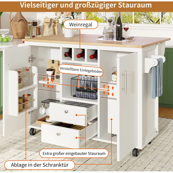 Merax Kücheninsel, Buffetschrank, Küchenschrank, Küchenwagen und klappbarer Arbeitsplatte mit Handtuchhalter Gewürzregal Türregal Weinregal und verstellbaren Einlegeböden, weiß – Bild 7