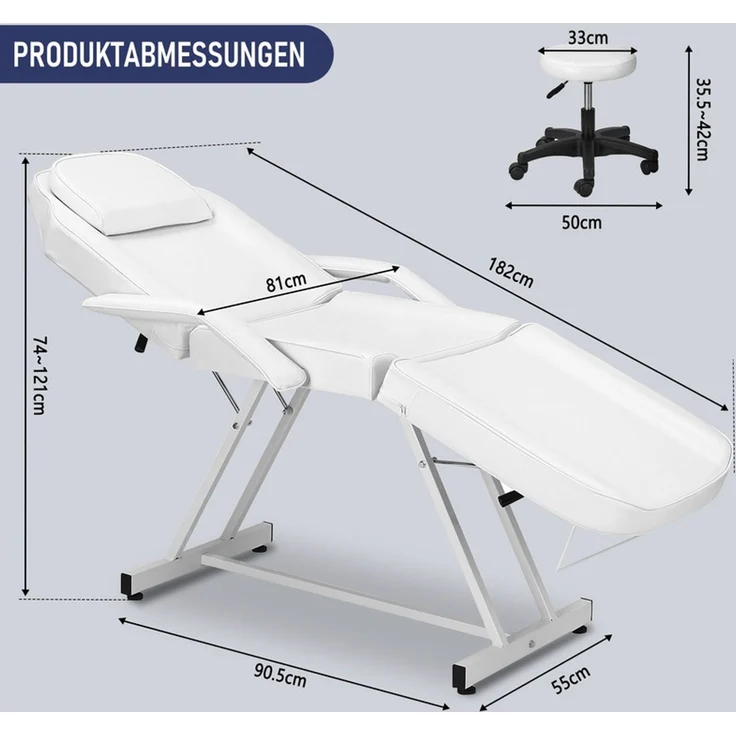 HOME NATURE WOHNKONZEPT Kosmetikliege mit Rollhocker, klappbare 3-Zonen Massageliege für Beauty, Spa, Tattoo & Salon, 182 x 81 x 74 cm, Weiß – Bild 2