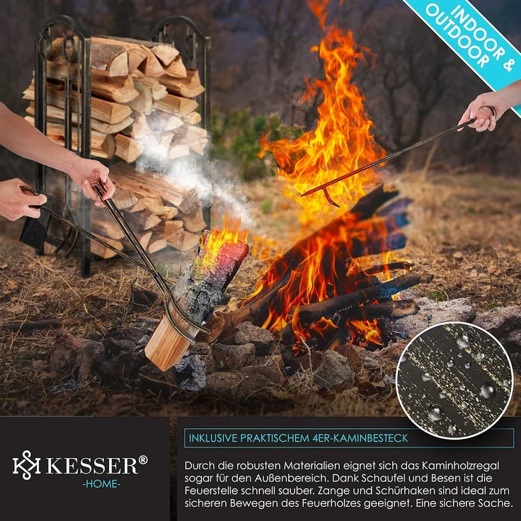 KESSER® Kaminholzregal 5-teiliges Set Kaminholzständer Feuerholzablage Brennholzregal Innen und Aussen Metall 2 Ebenen 4 Kaminwerkzeug für Kamin & Ofen, Stahl 40 x 30 x 74,5 cm Verstellbar Gold/Schwarz – Bild 4