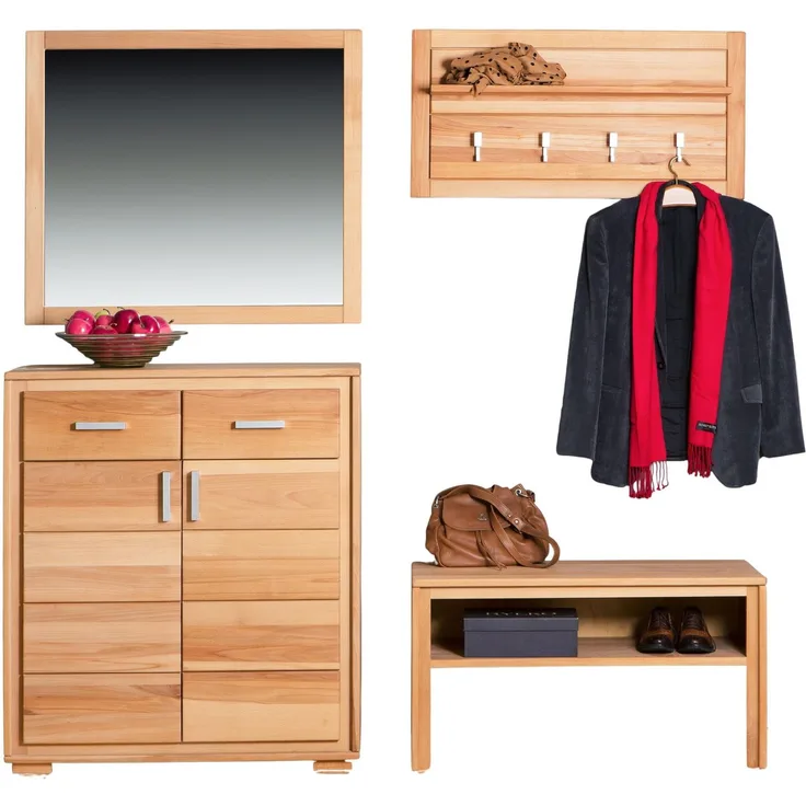 Woodline Garderoben Set Kernbuche Massivholz geölt, 4-teilig, Genf V Natur 190x40x193 cm