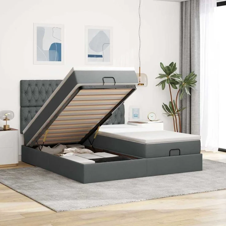 vidaXL Ottoman-Bett mit Matratzen Dunkelgrau 200x200 cm Stoff 3313721 – Bild 1