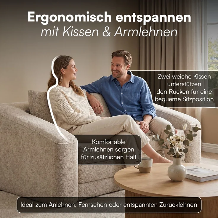 skølm 'Fjäll' Schlafsofa 2 Sitzer mit 2 Kissen, beige, Teddy-Bouclé Sofa ausklappbar, mit Liegefunktion, vakuumverpackt ohne Aufbau – Bild 6