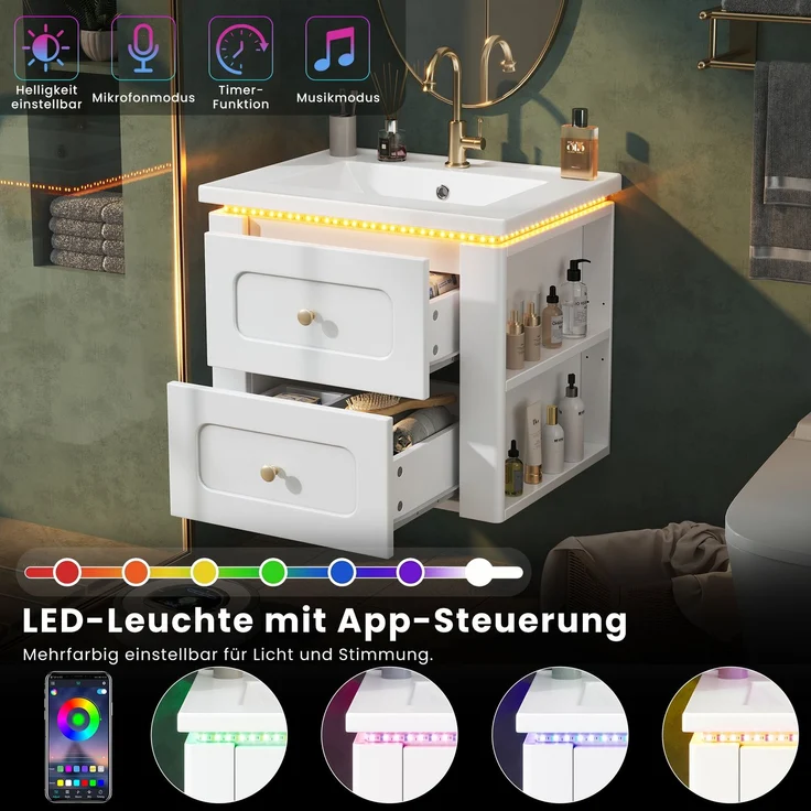 Wandhängender Badschrank 61 x 47 x 50 cm aus MDF mit Keramikwaschbecken, LED und verstellbarem Einlegeboden – Bild 5