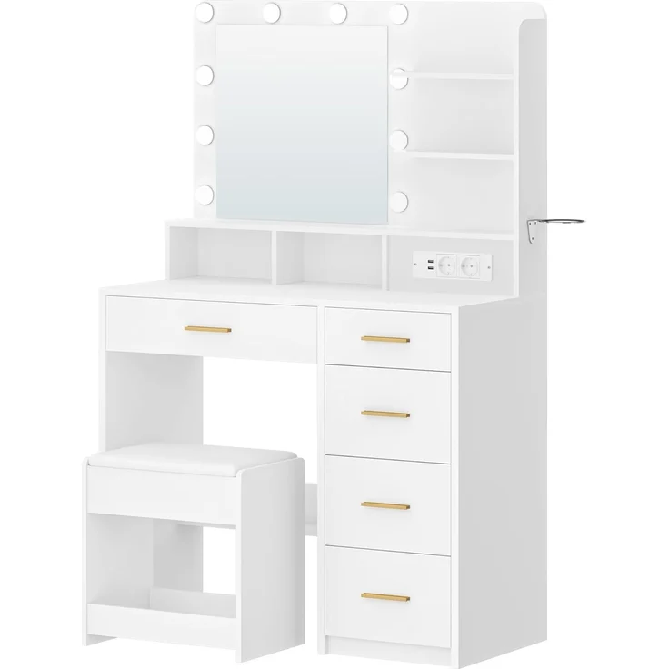 Schminktisch mit 10 LED-Beleuchtung, Hocker, Frisiertisch mit Große Spiegel, Schminktische mit Stecker, Und Haartrocknerhalter, Und Mehreren Schubladen, Weiß, 40 x 90 x 139 cm – Bild 2