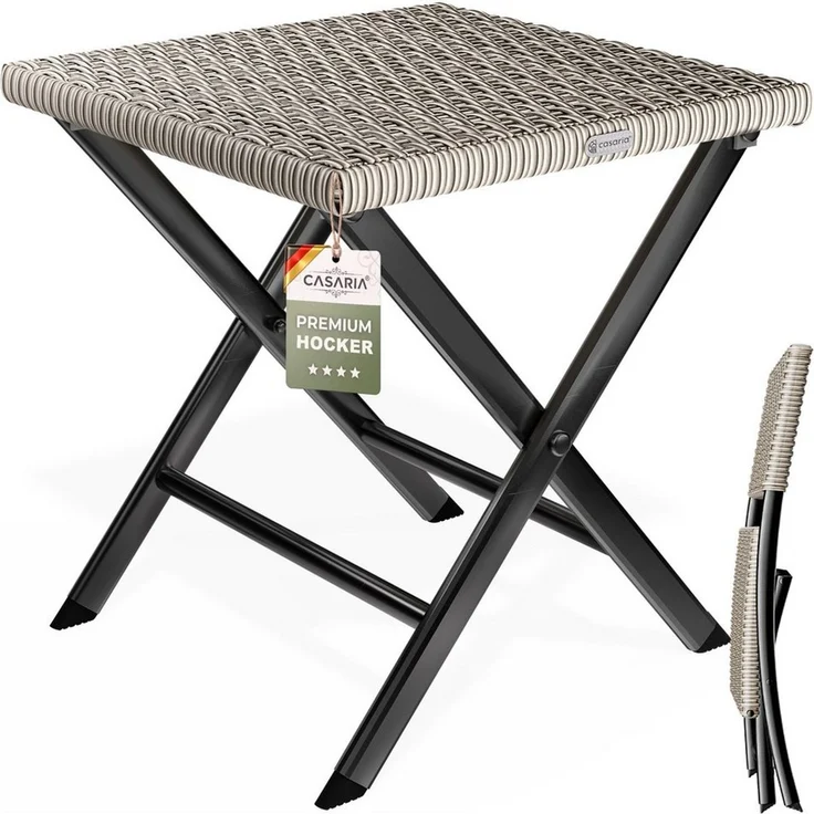 Casaria® Polyrattan Klapphocker 75kg Belastbarkeit 44 x 40 x 44 cm Klappbar Leicht Tragbar Wetterfest Garten Terrasse Balkon Camping Hocker Stuhl Creme – Bild 1